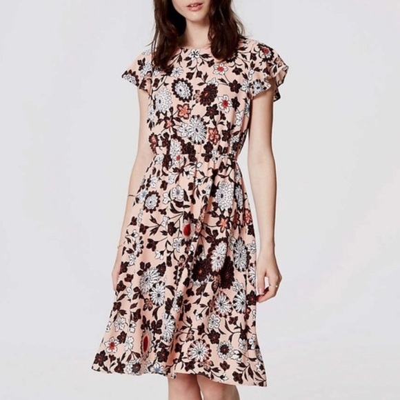 LOFT Floral Flutter Sleeve Midi Tea Length Pink A-Line Dress Church Office Retro - Picture 1 of 7